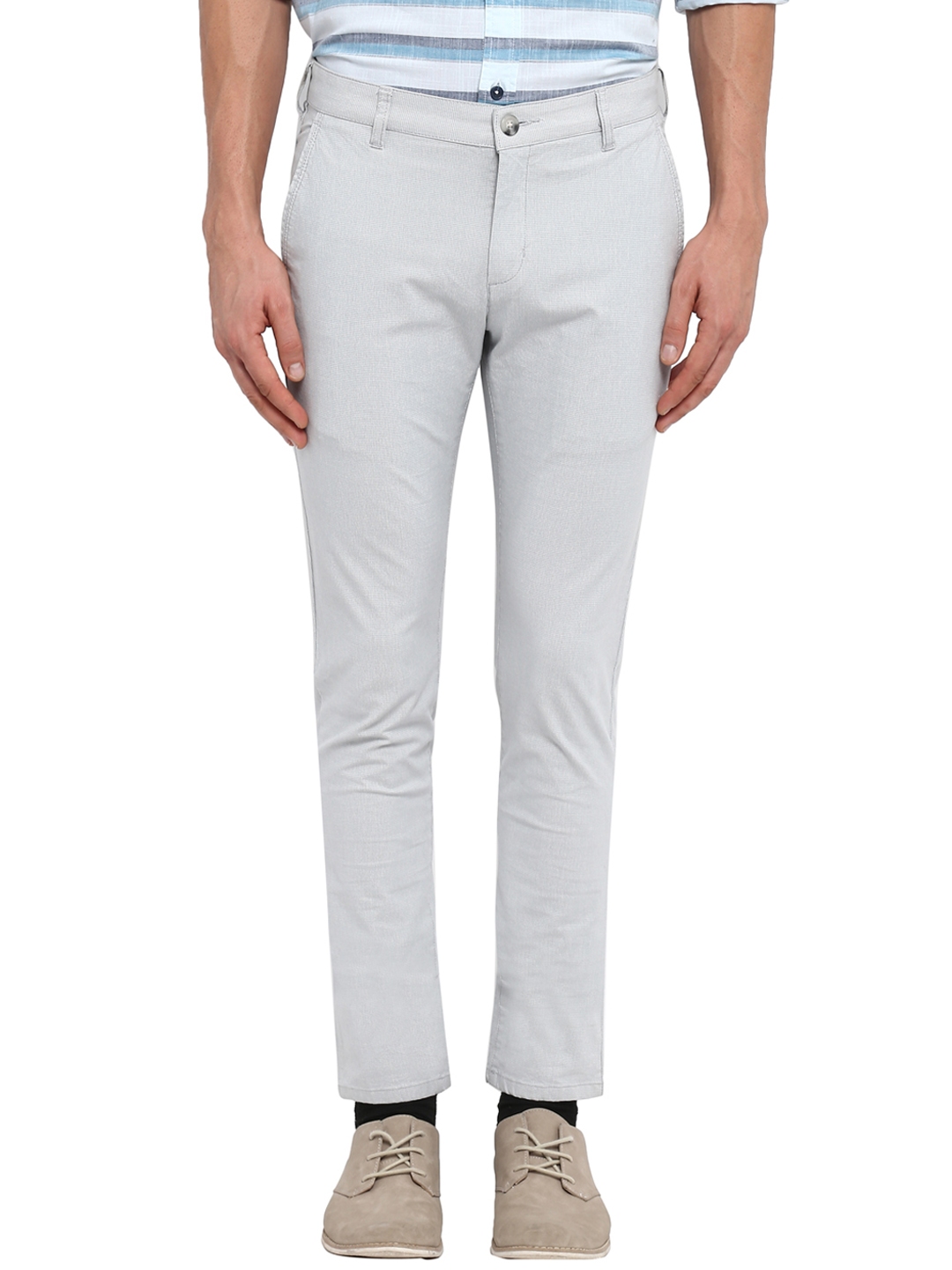 Buy ColorPlus Men Blue & White Regular Fit Self Design Regular Trousers ...