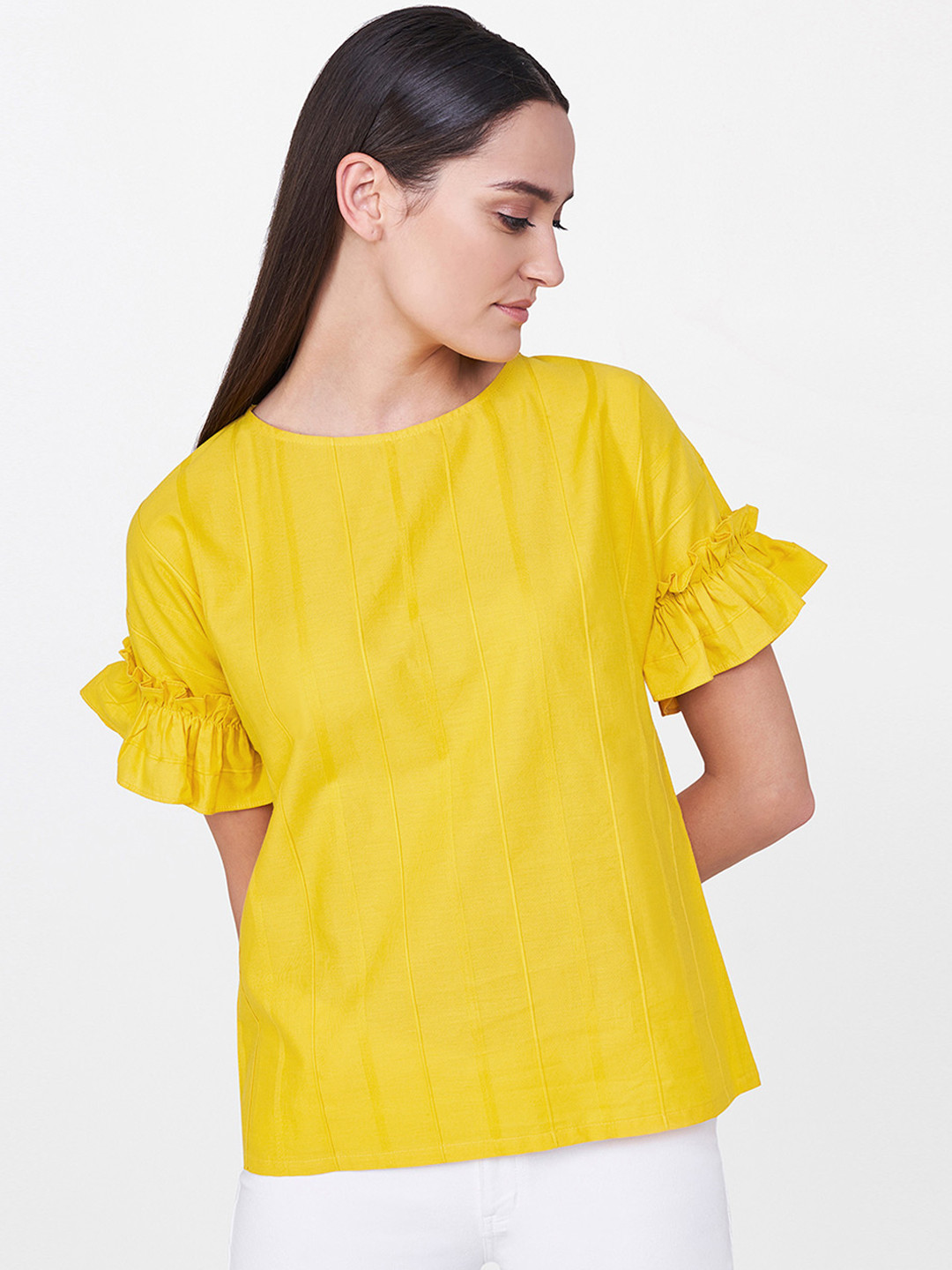 Buy AND Women Yellow Solid Pure Cotton Top Tops for Women 7073554