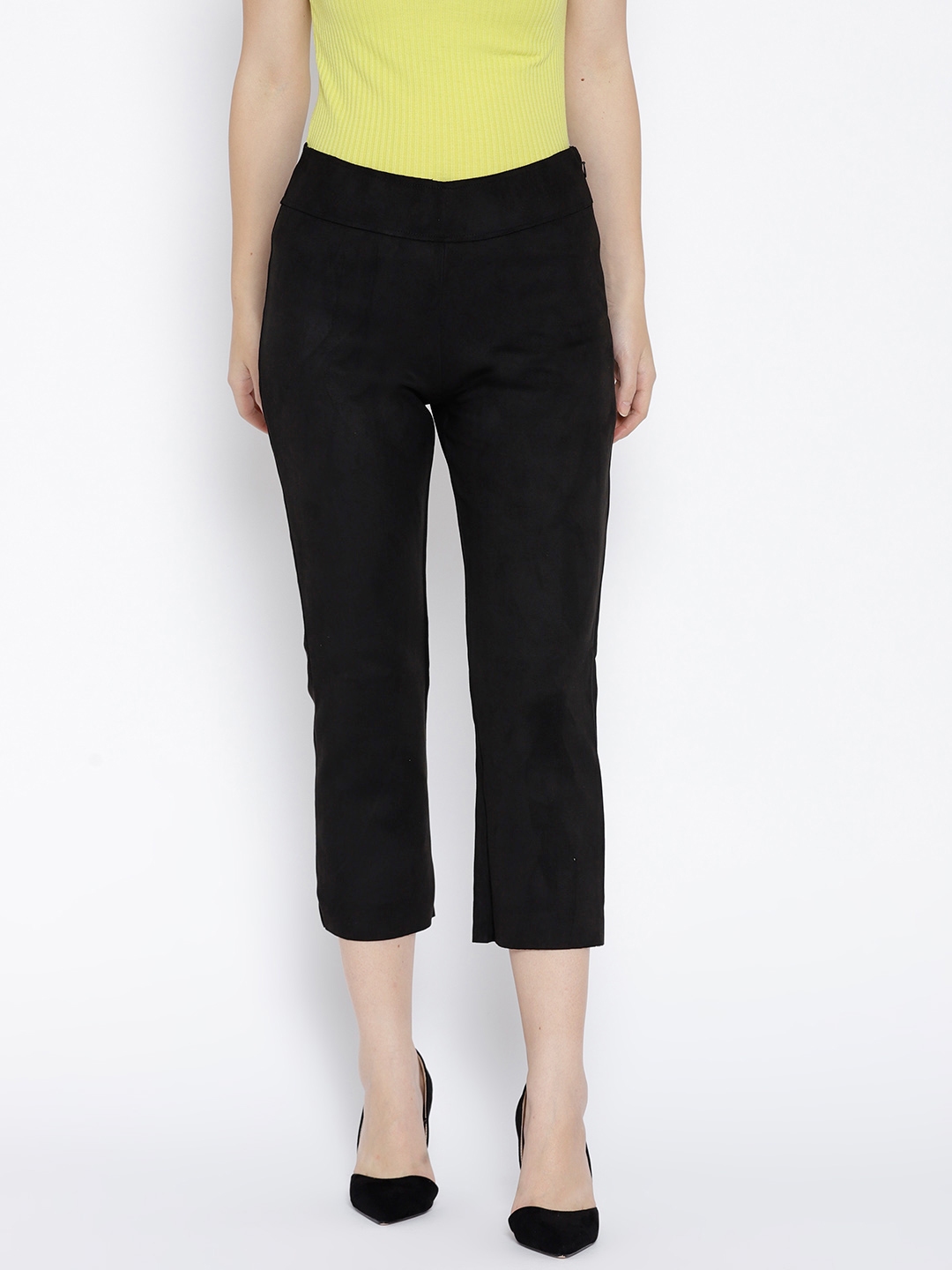 Buy AND Women Black Solid Regular Fit Cropped Trousers - Trousers for ...