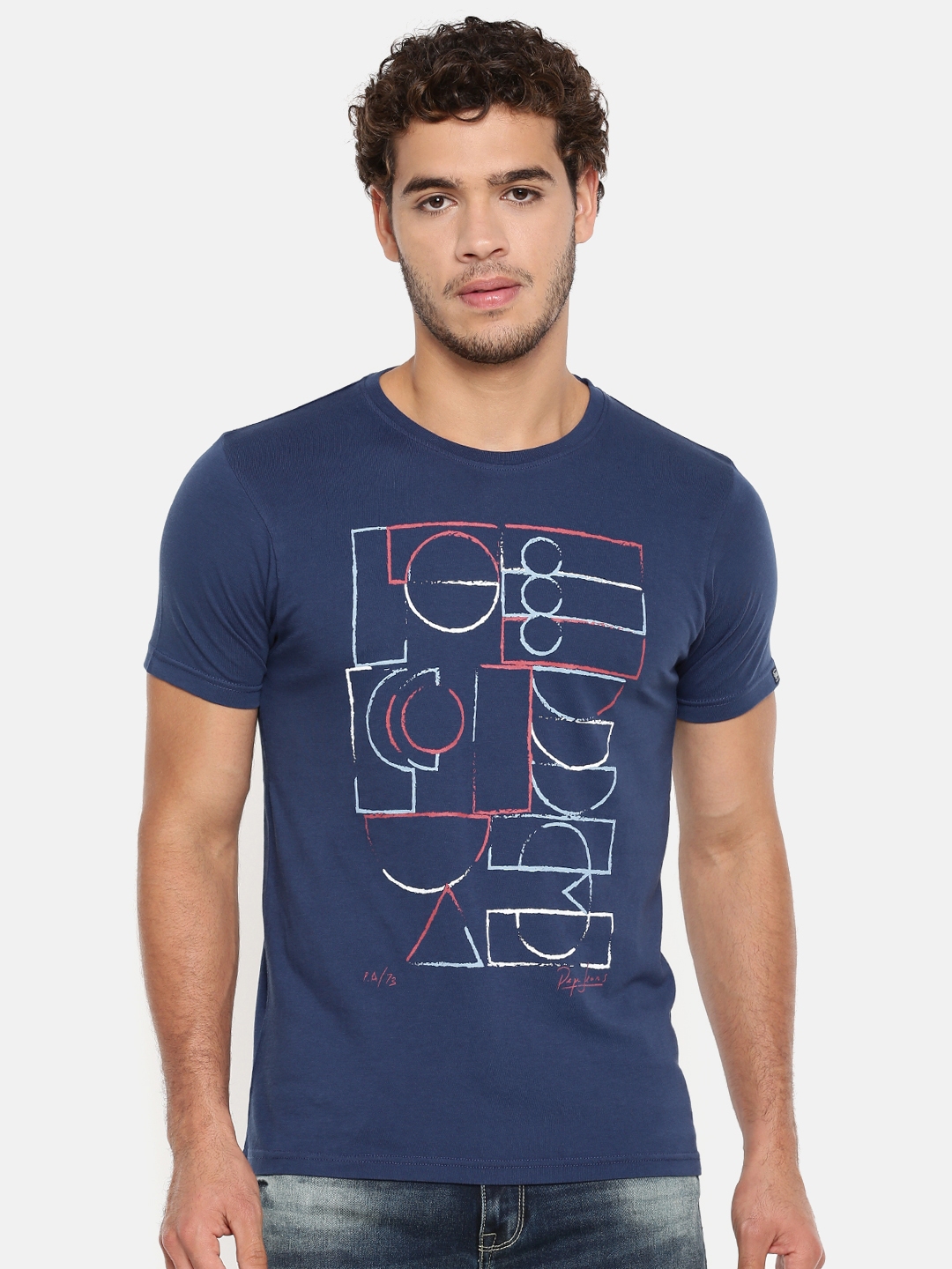 Buy Pepe Jeans Men Blue Printed Round Neck Pure Cotton T Shirt ...