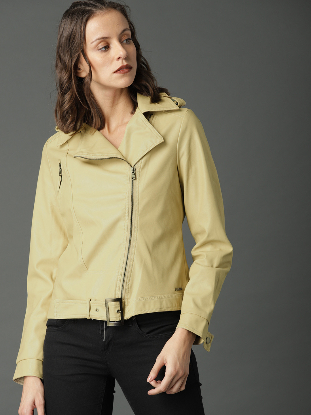 Buy Roadster Women Beige Solid Biker Jacket Jackets for Women 7077955