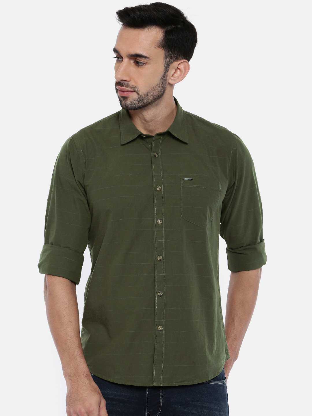 black jeans olive green shirt