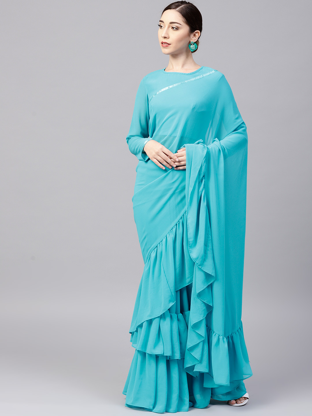 Buy Inddus Turquoise Blue Solid Ruffled Saree Sarees for Women 7079951 Myntra