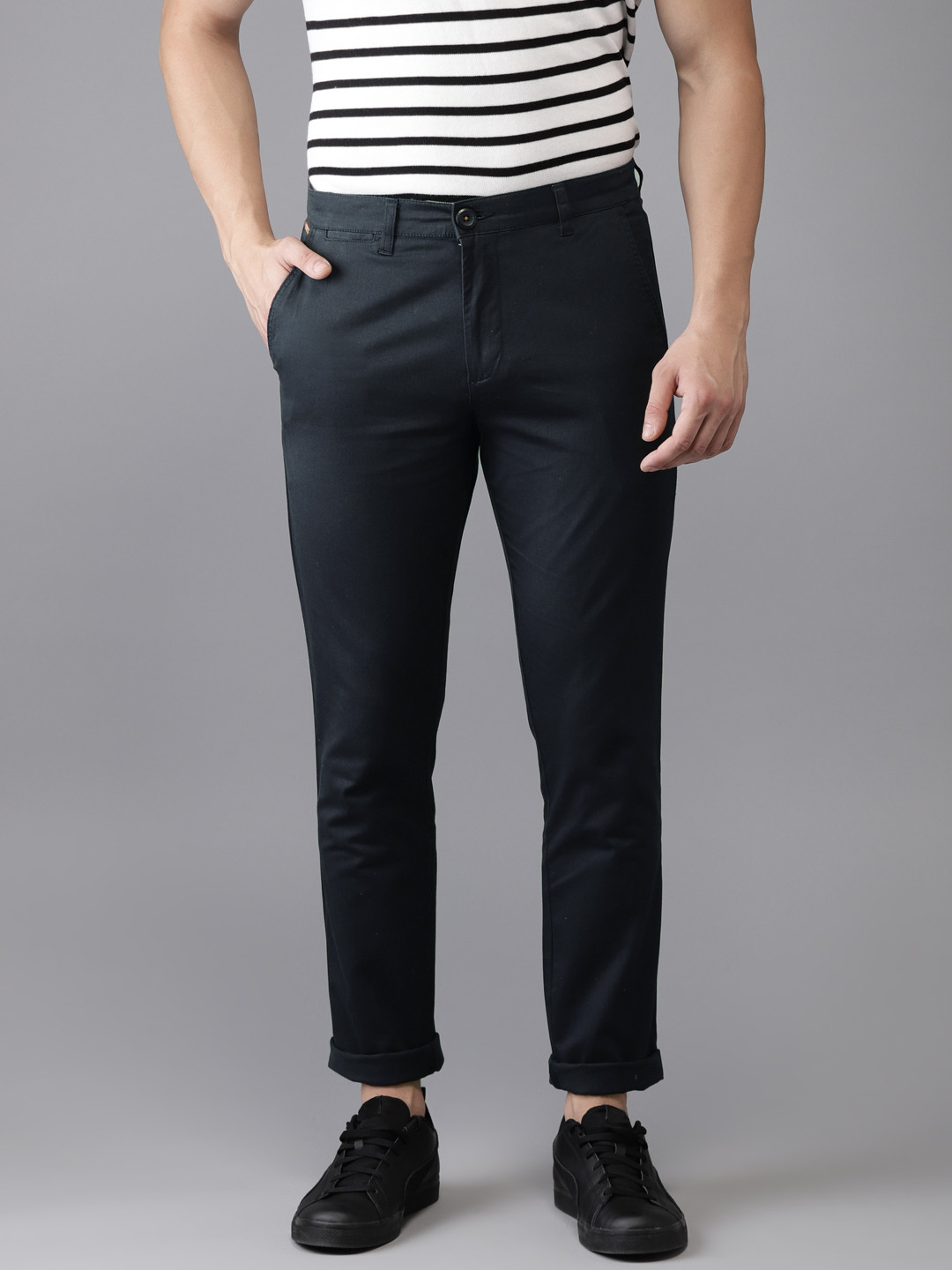 Buy The Indian Garage Co Men Navy Blue Slim Fit Solid Chinos - Trousers ...
