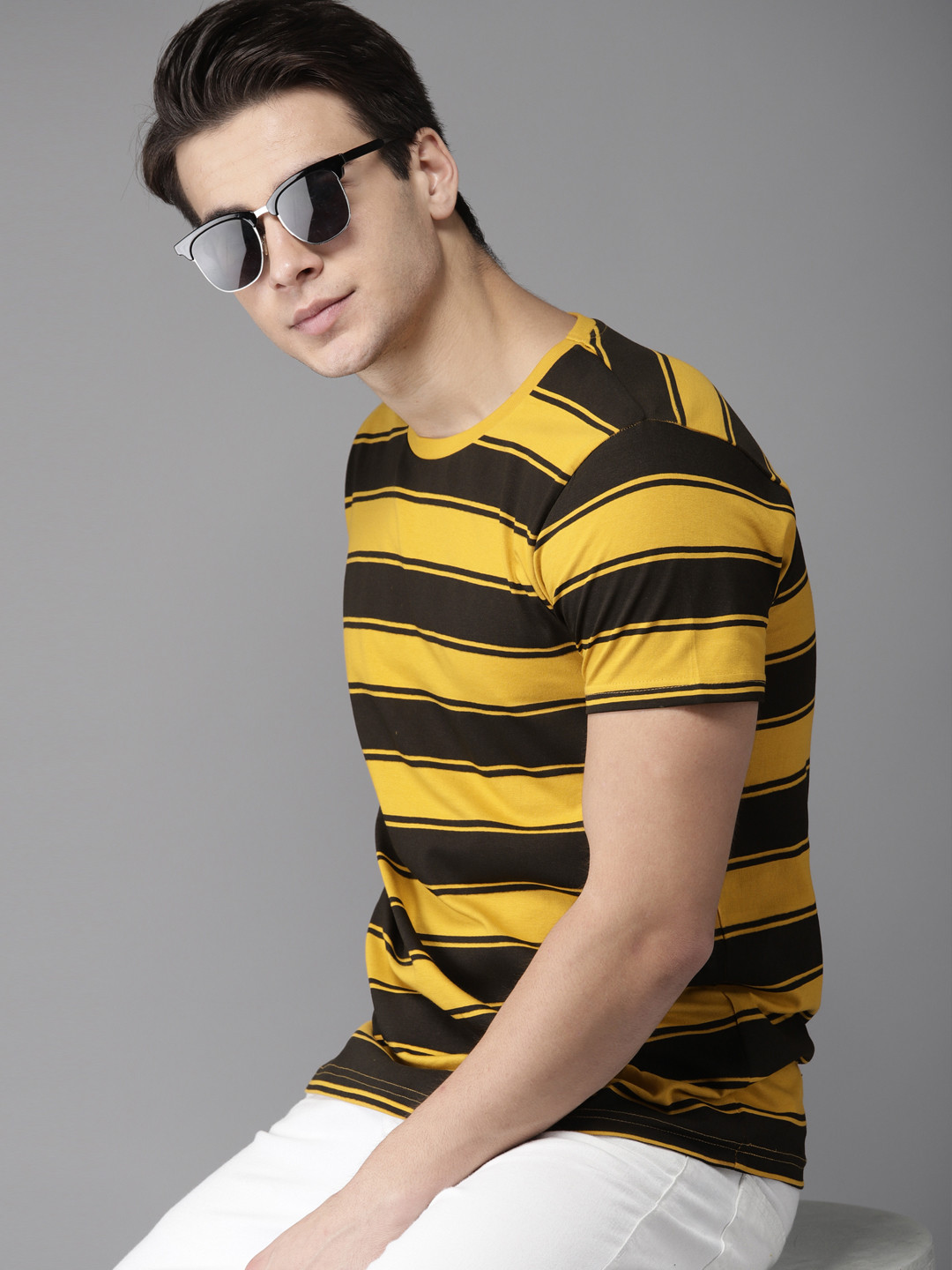 Buy HERENOW Men Mustard Brown Striped Round Neck Pure Cotton T Shirt