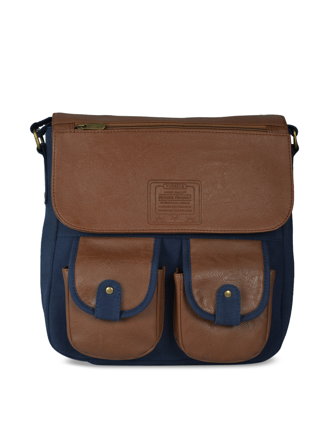 Buy Purseus Men Navy Blue & Brown Solid Messenger Bag Messenger Bag
