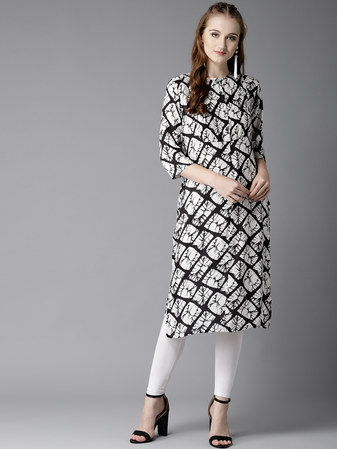 Buy HERE&NOW Women Black & White Printed Straight Kurta Kurtas for