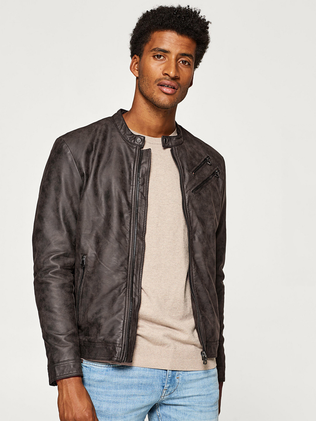 Buy ESPRIT Men Charcoal Grey Solid Biker Jacket Jackets for Men