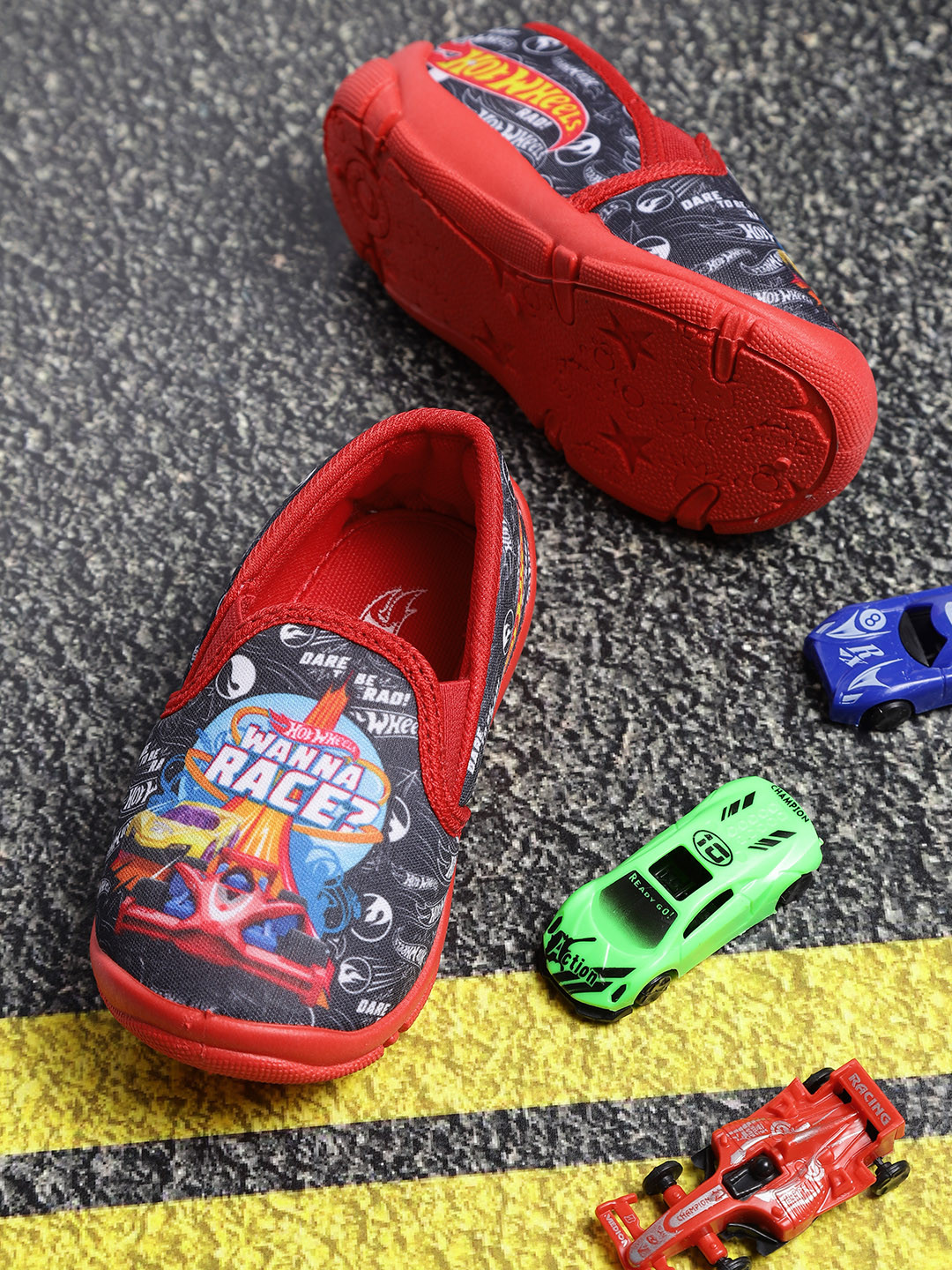 Buy YK Hot Wheels Boys Black &amp; Red Printed Slip On