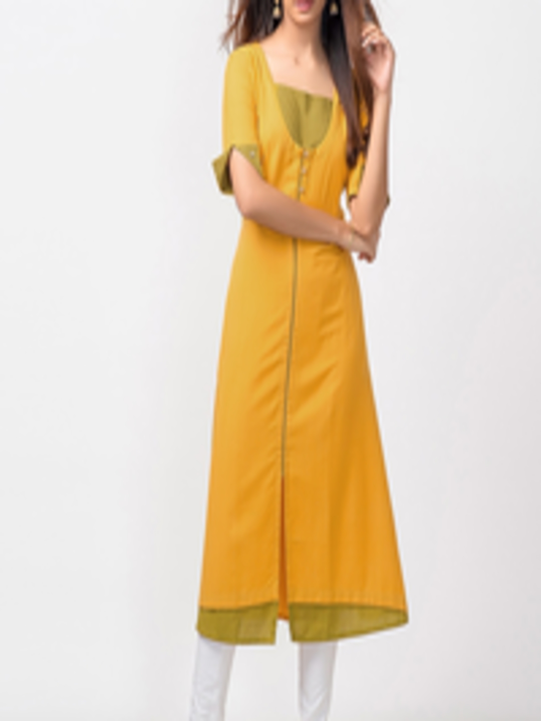 Buy Fabindia Women Mustard Yellow Woven Design Slim Fit A Line Kurta ...