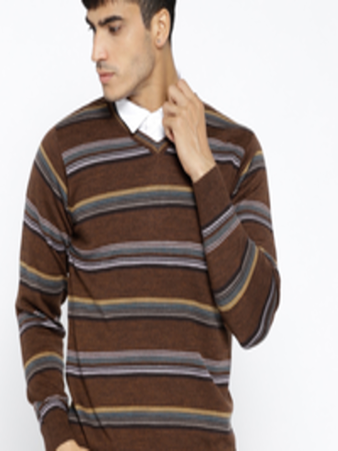 Buy Monte Carlo Men Brown & Yellow Striped Pullover - Sweaters for Men ...