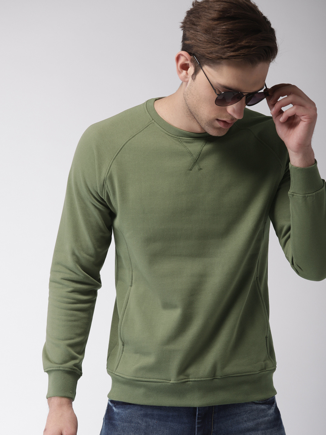 Buy Mast & Harbour Men Olive Green Solid Sweatshirt Sweatshirts for
