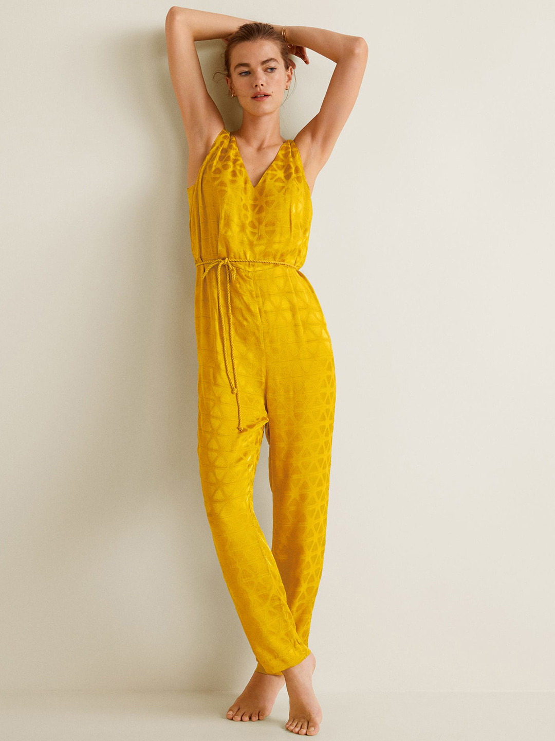 Buy MANGO Women Mustard Yellow Self Design Basic Jumpsuit Jumpsuit