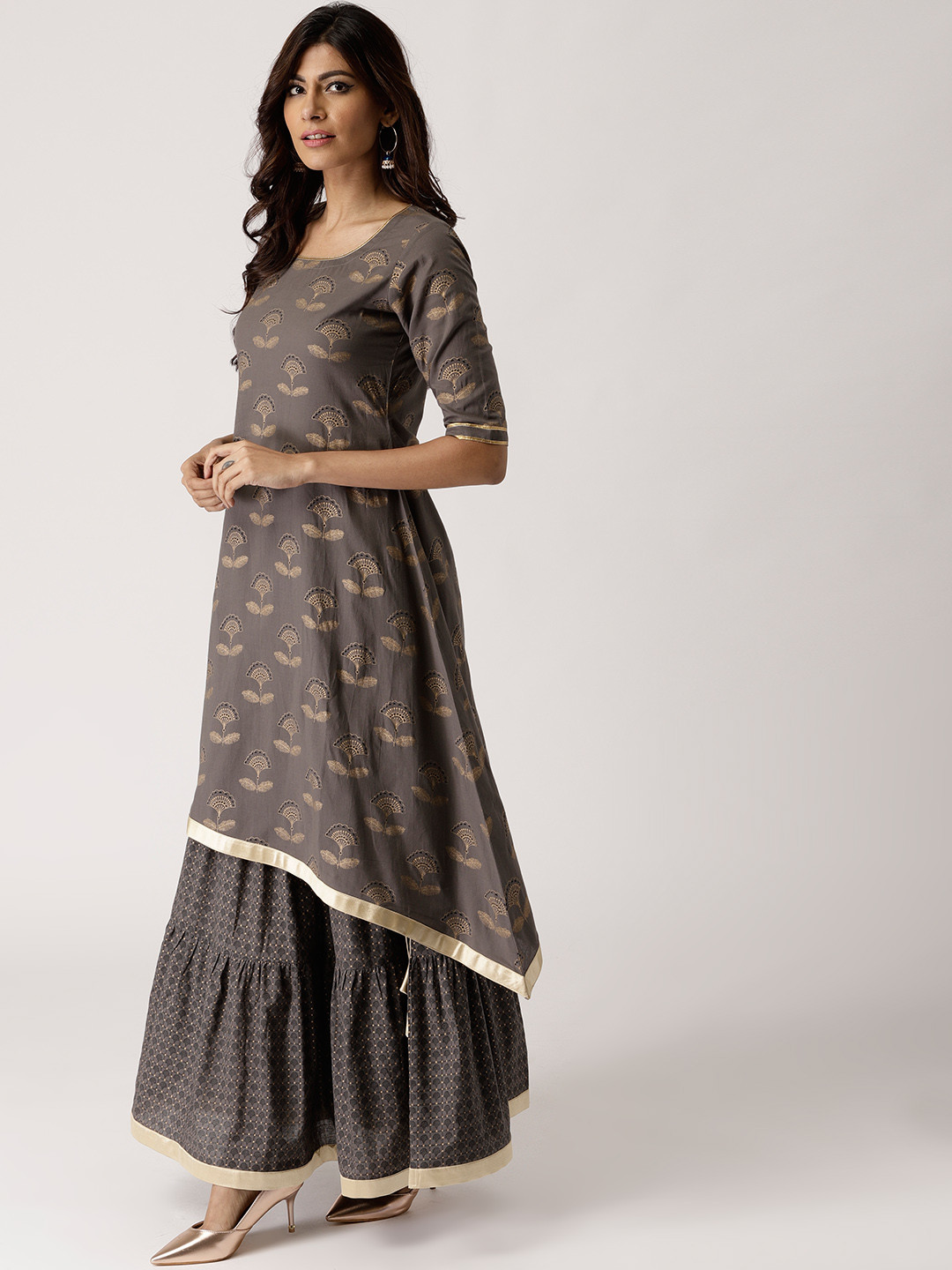 Women Grey Printed Half Sleeve Cotton Floor Length A-Line Kurta main image 1