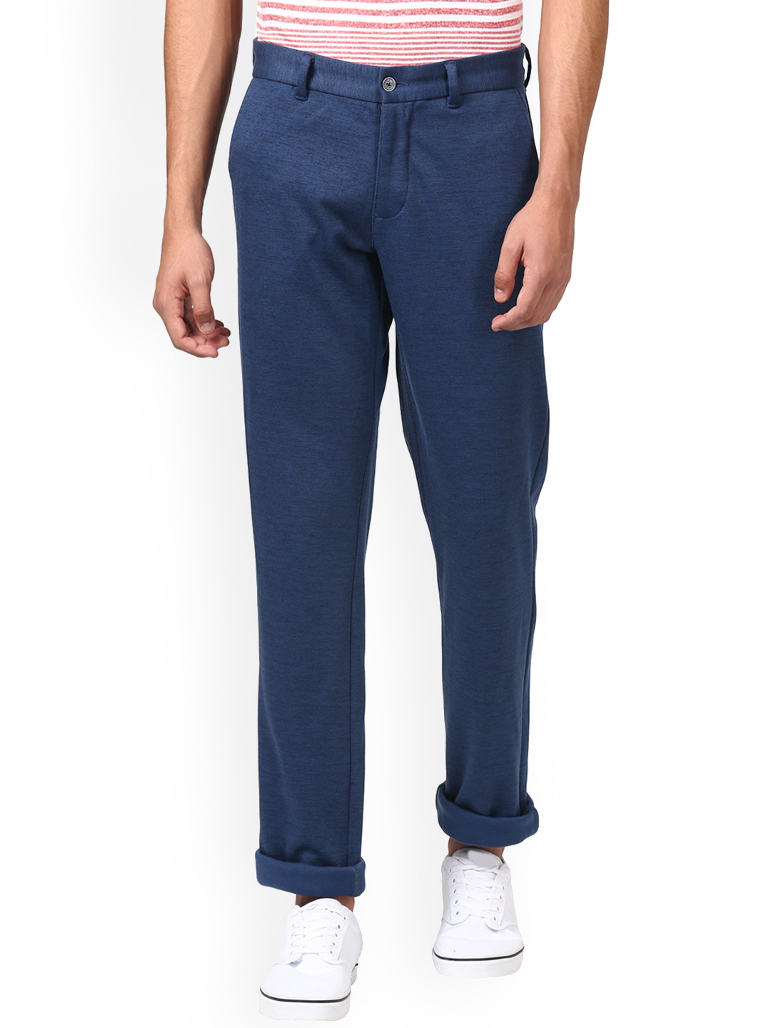 Buy Parx Men Navy Blue Tapered Fit Self Design Regular Trousers ...