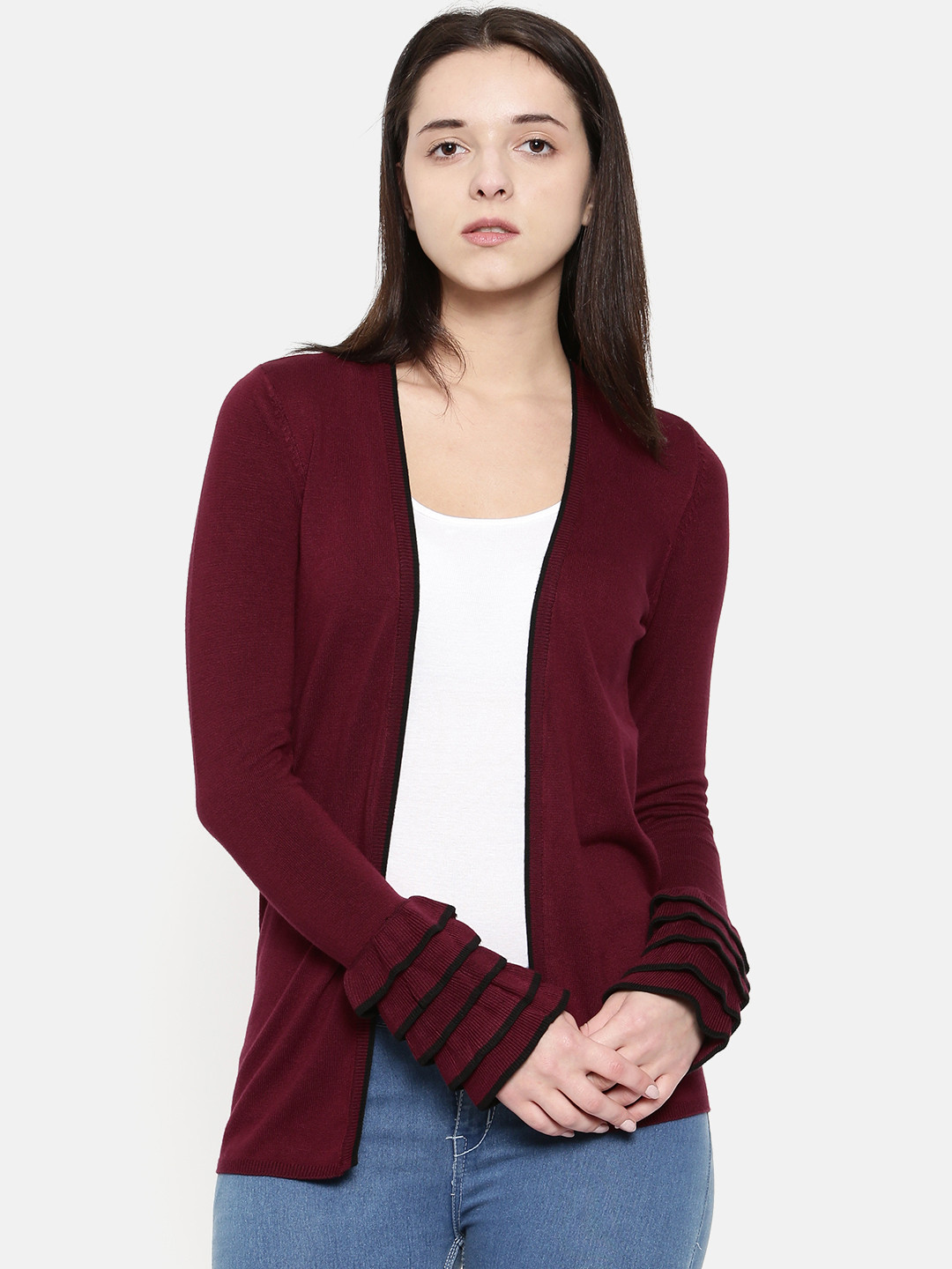 Buy CODE By Lifestyle Maroon Solid Open Front Shrug Shrug for Women