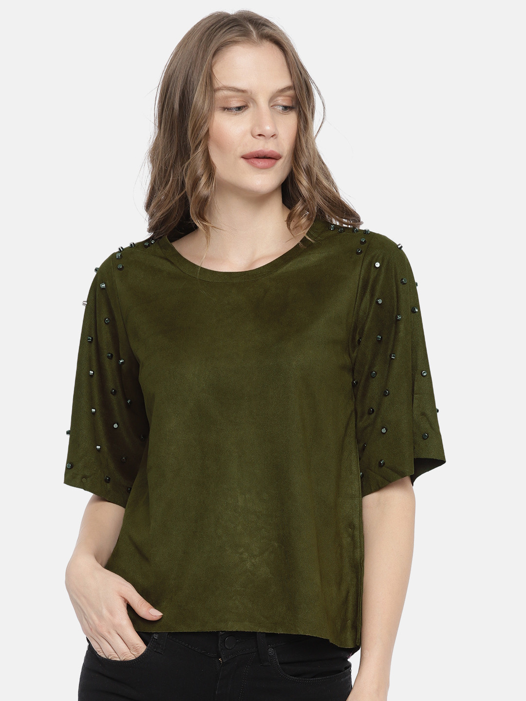 Buy CODE By Lifestyle Women Olive Green Velvet Embellished Top Tops for Women 7100337 Myntra