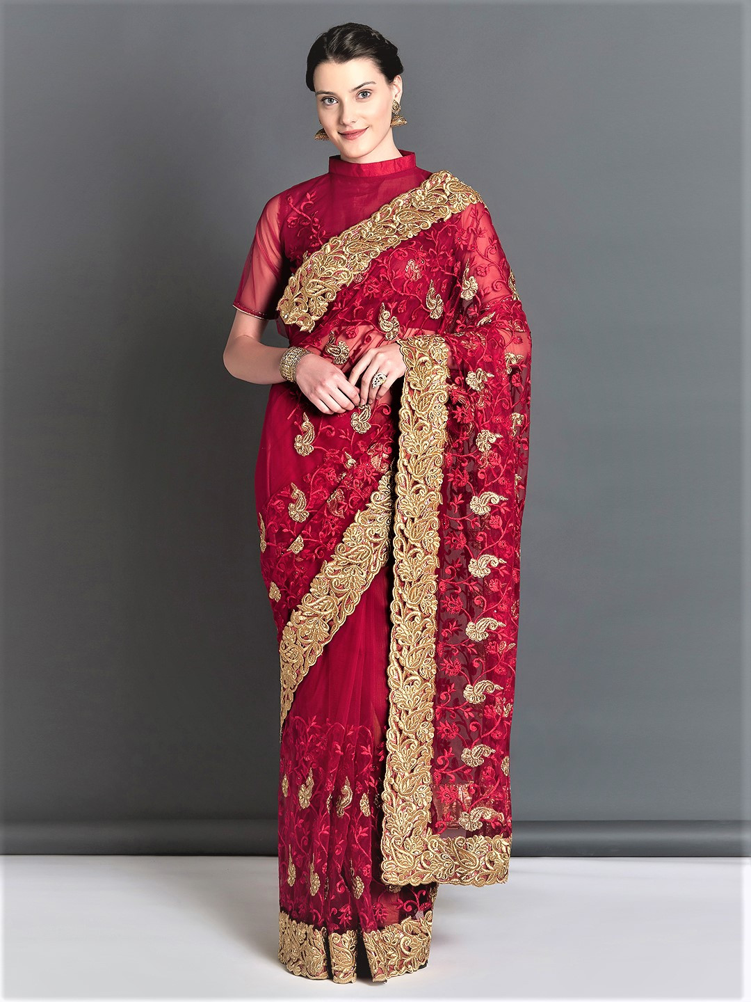 Buy Mitera Red Embroidered Net Saree Sarees for Women 7103180 Myntra