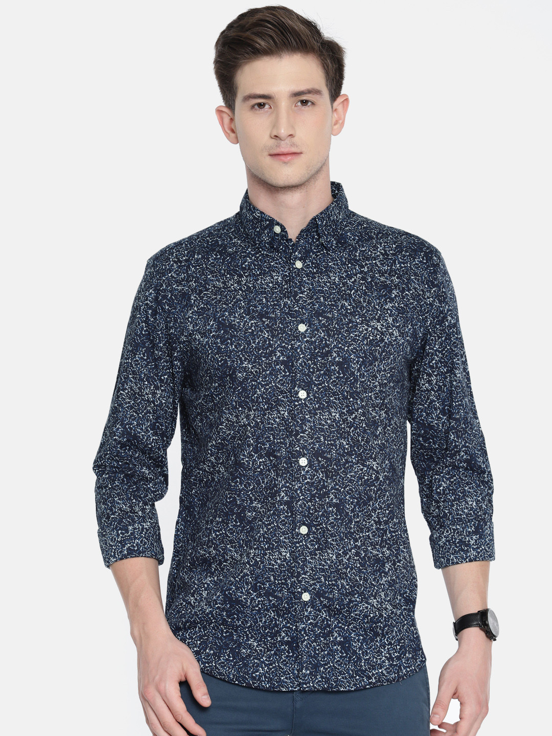 Men's Navy Blue Comfort Slim Fit Floral Printed Casual Shirt