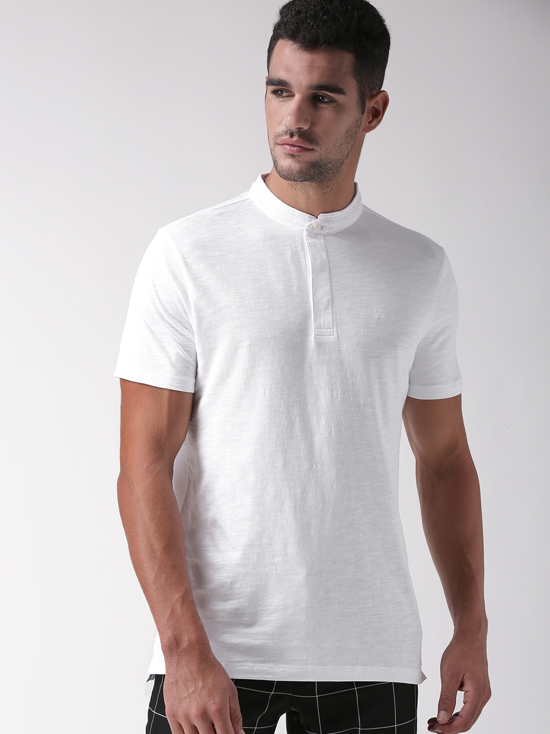 Buy SELECTED Men White Solid Mandarin Collar Pure Cotton T Shirt ...