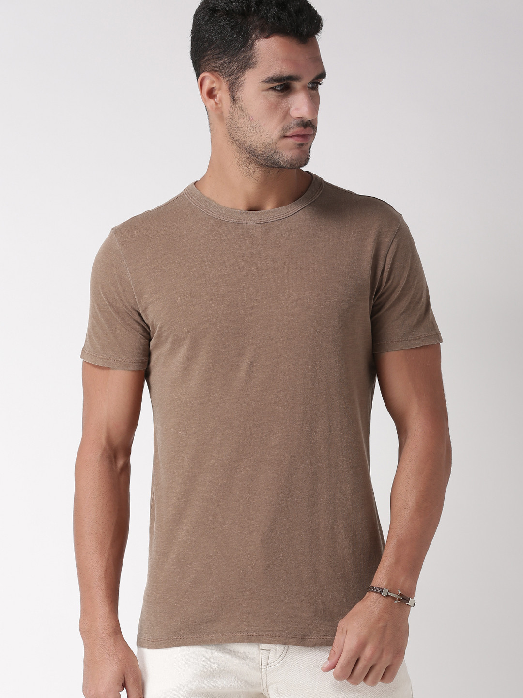 Buy SELECTED Men Brown Solid Round Neck Pure Cotton T Shirt Tshirts