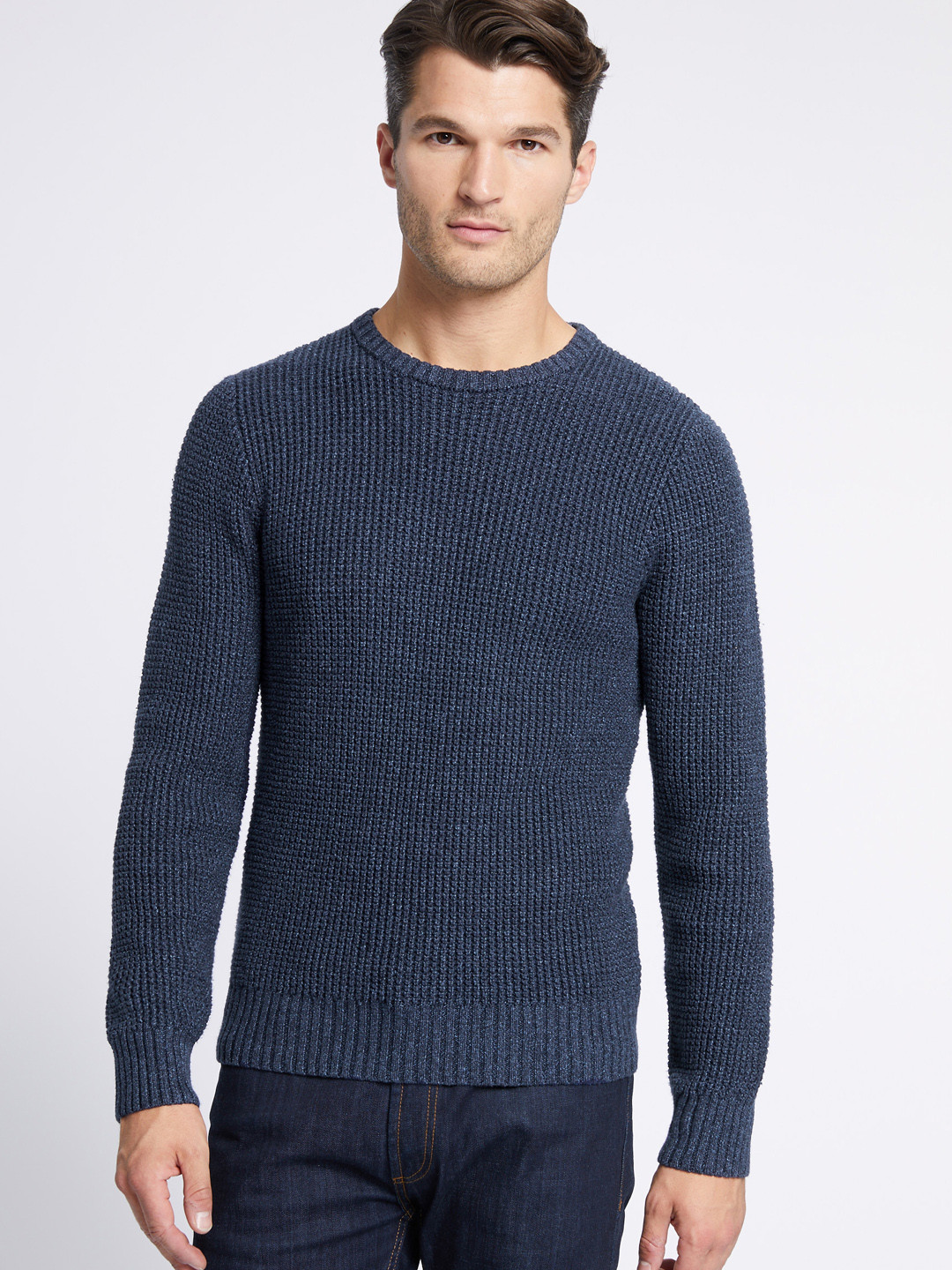 Buy Marks & Spencer Men Navy Blue Solid Pullover Sweaters for Men