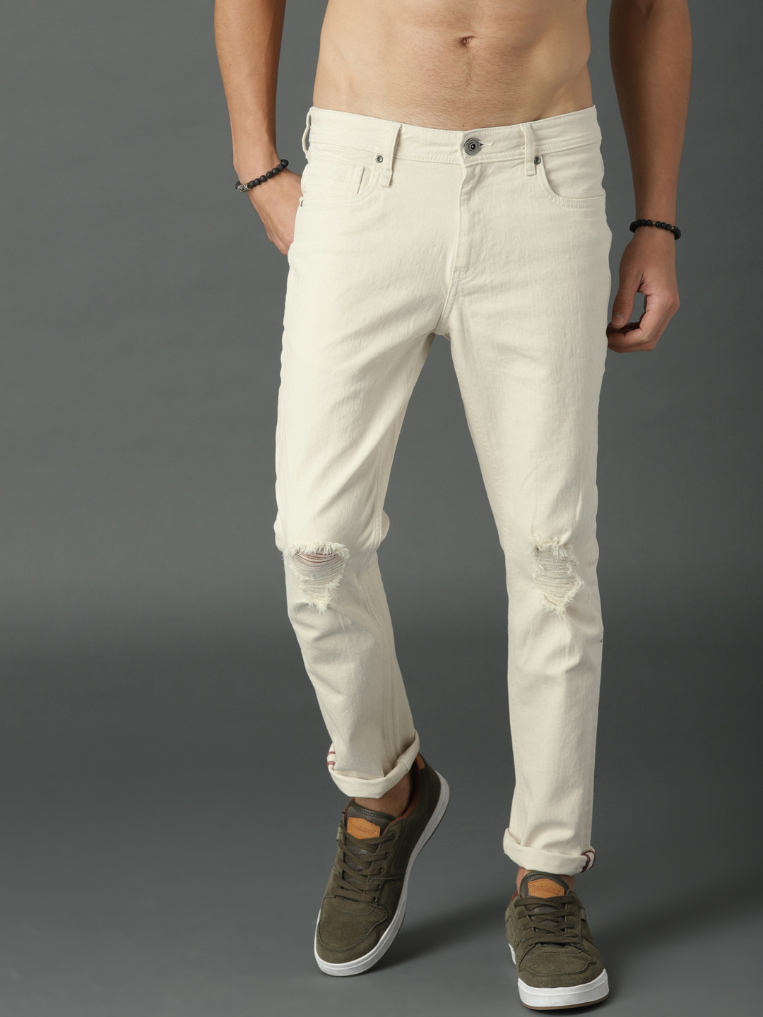 Buy Roadster Men Cream Coloured Slim Fit Mid Rise Jeans Jeans for Men