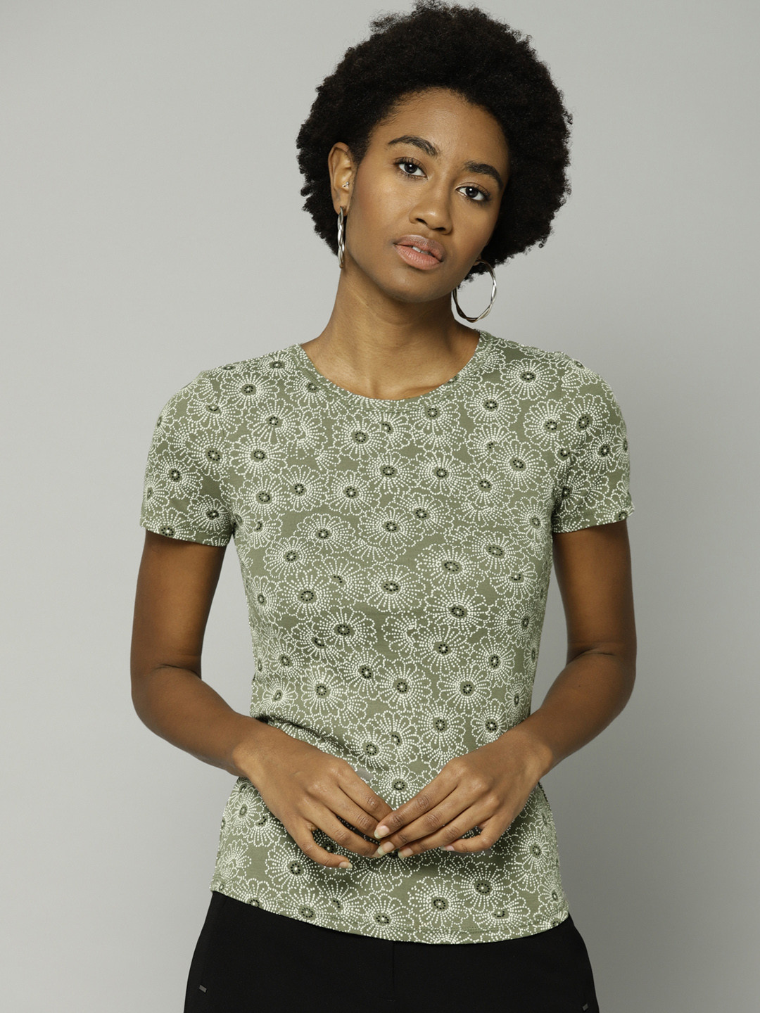 Buy Marks Spencer Women Olive Green White Printed Round Neck Pure Cotton T Shirt Tshirts for