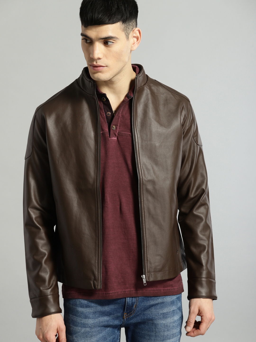 Buy Roadster Men Brown Solid Leather Jacket - Jackets for Men 7116622 ...