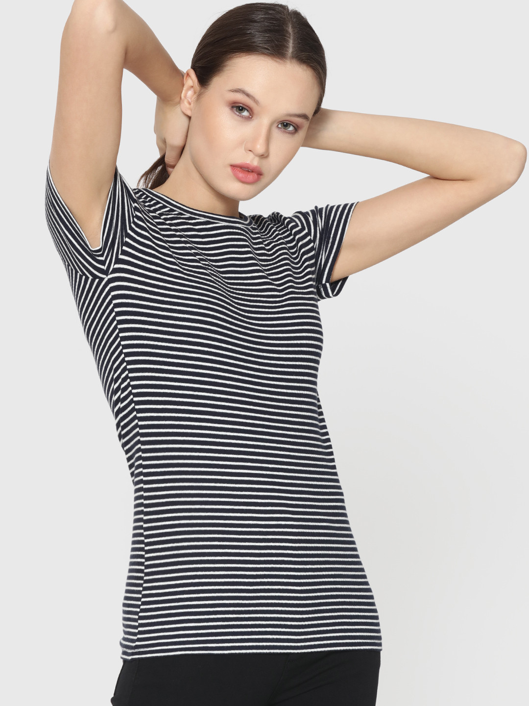 Buy ONLY Women Navy & White Striped Round Neck T Shirt Tshirts for
