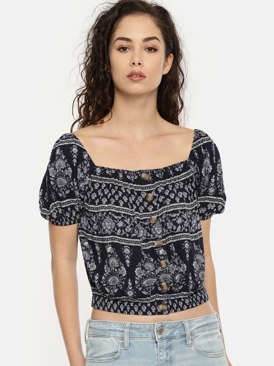 Buy AMERICAN EAGLE OUTFITTERS Women Navy Blouson Crop Top Tops for