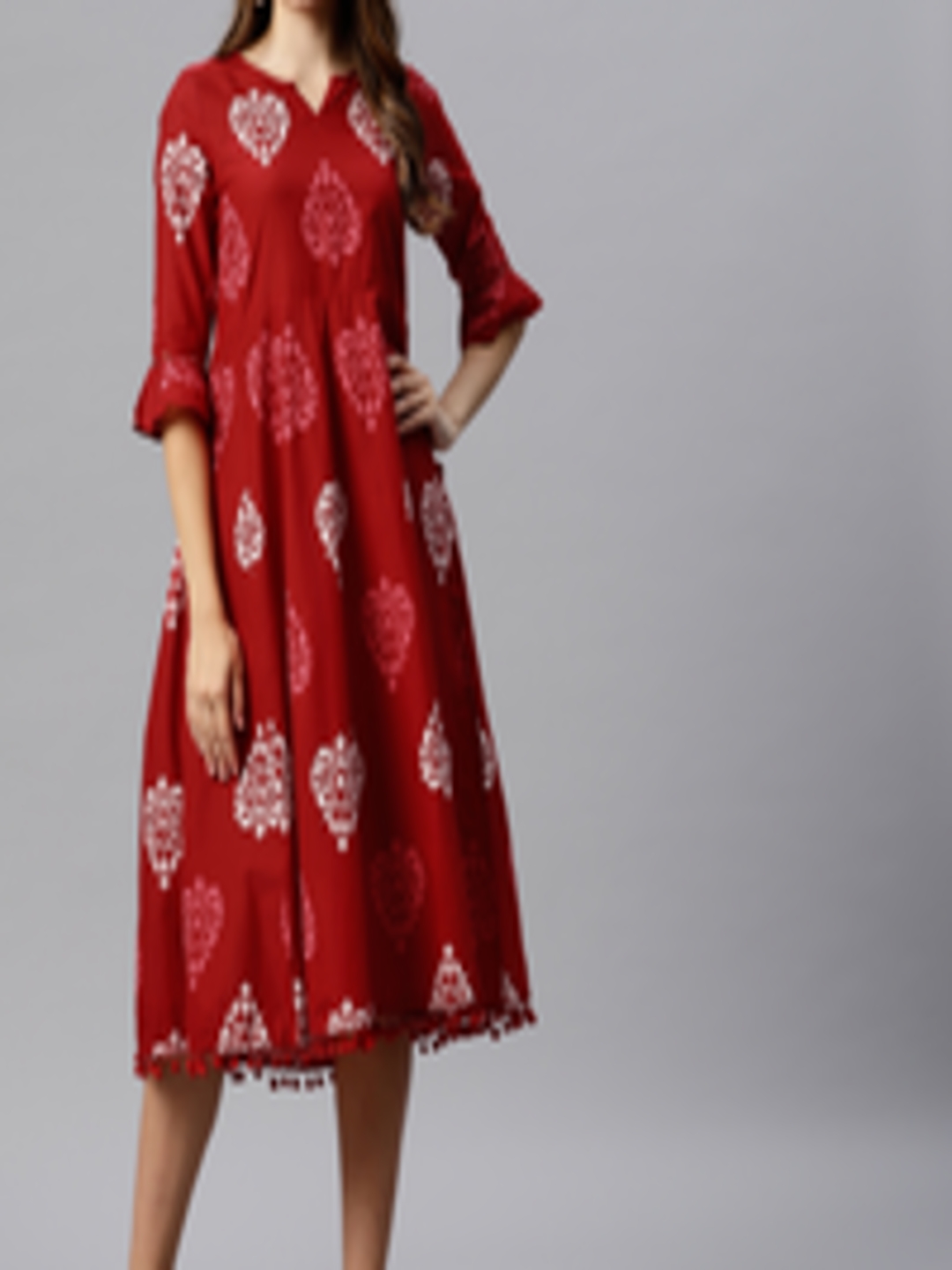 Buy Juniper Red & White Ethnic Motifs Bell Sleeves Ethnic Midi Dress ...
