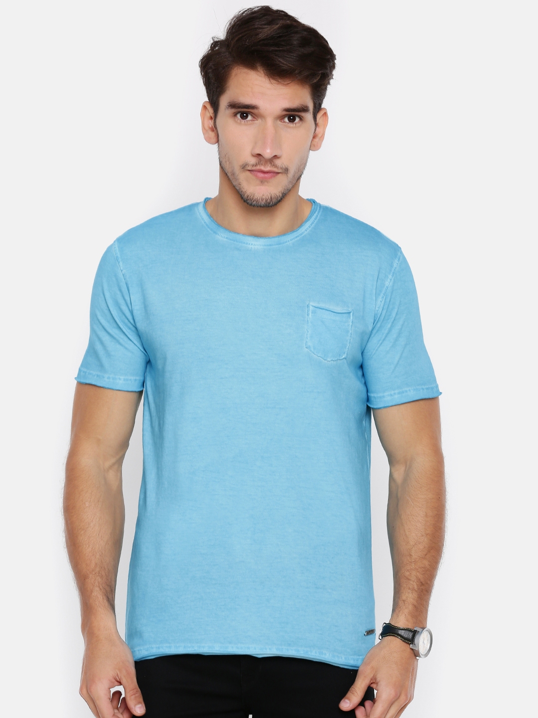 Buy ELABORADO Men Blue Solid Round Neck T Shirt - Tshirts for Men ...