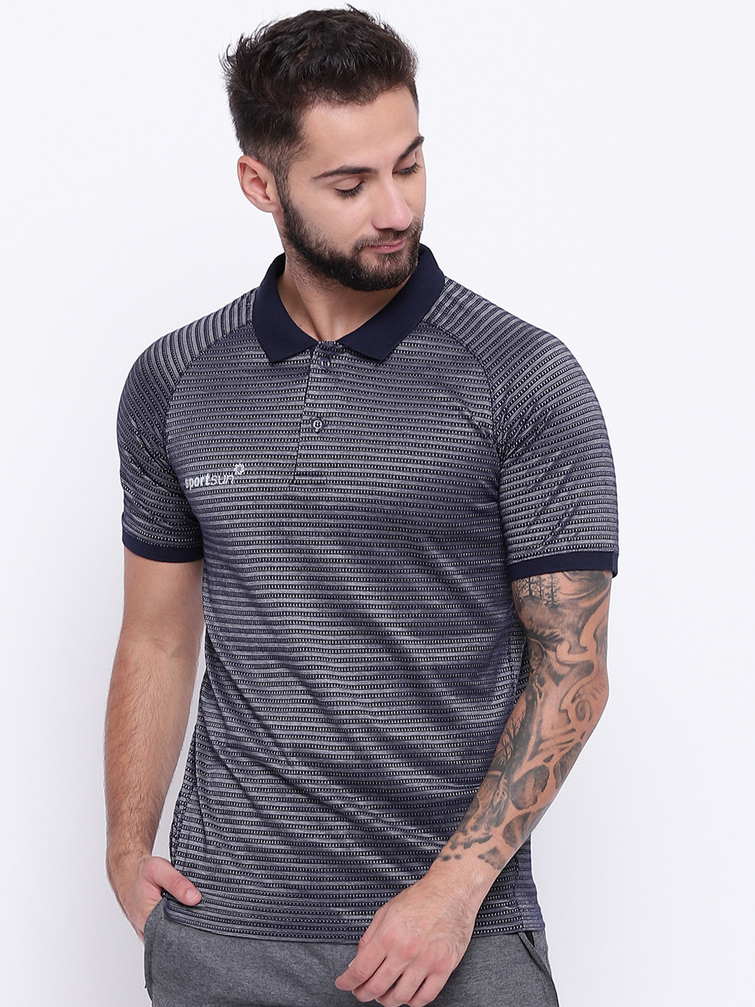 Buy SPORT SUN Men Navy Blue Self Striped Polo Collar T Shirt Tshirts