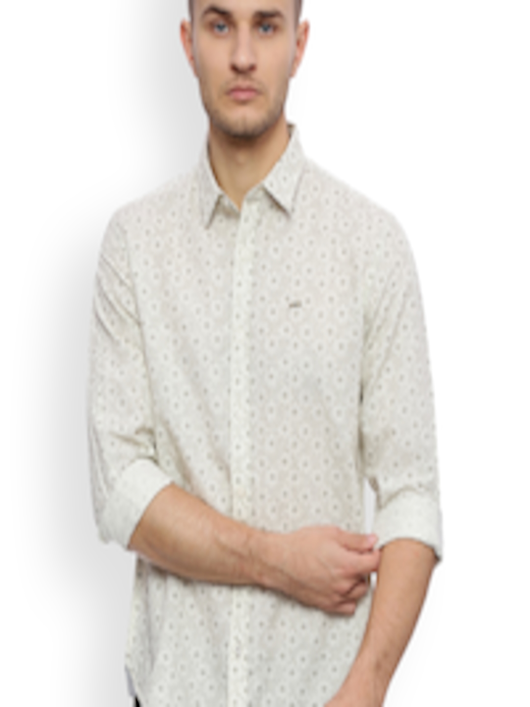 Buy Basics Men White & Olive Green Slim Fit Printed Casual Shirt ...