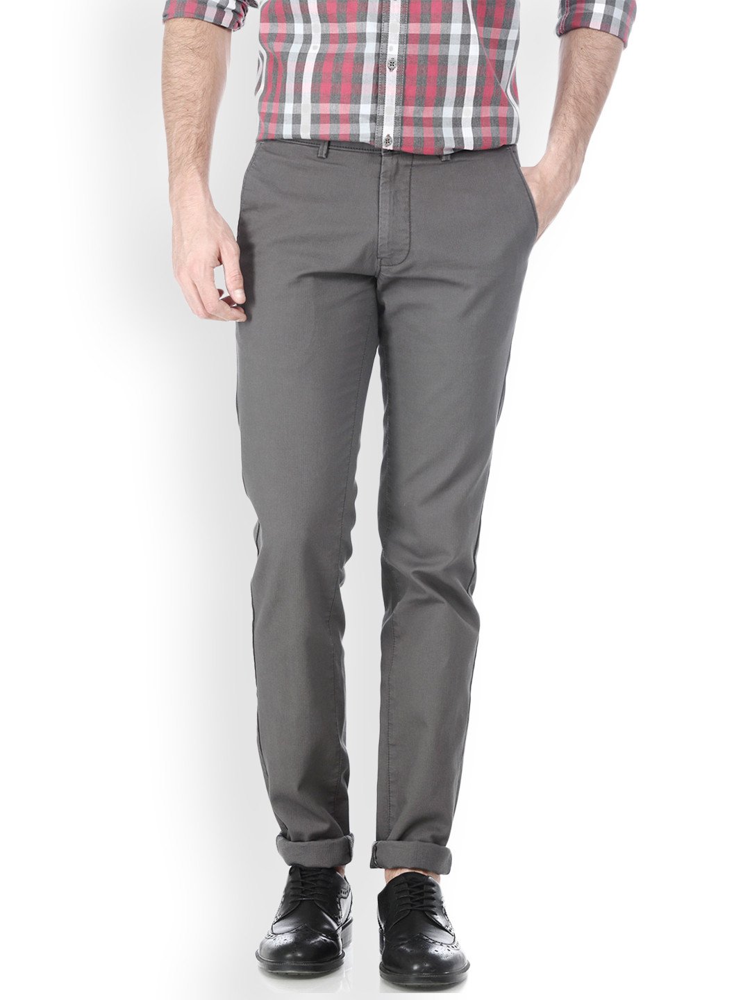 Buy Basics Men Grey Tapered Fit Self Design Regular Trousers - Trousers ...