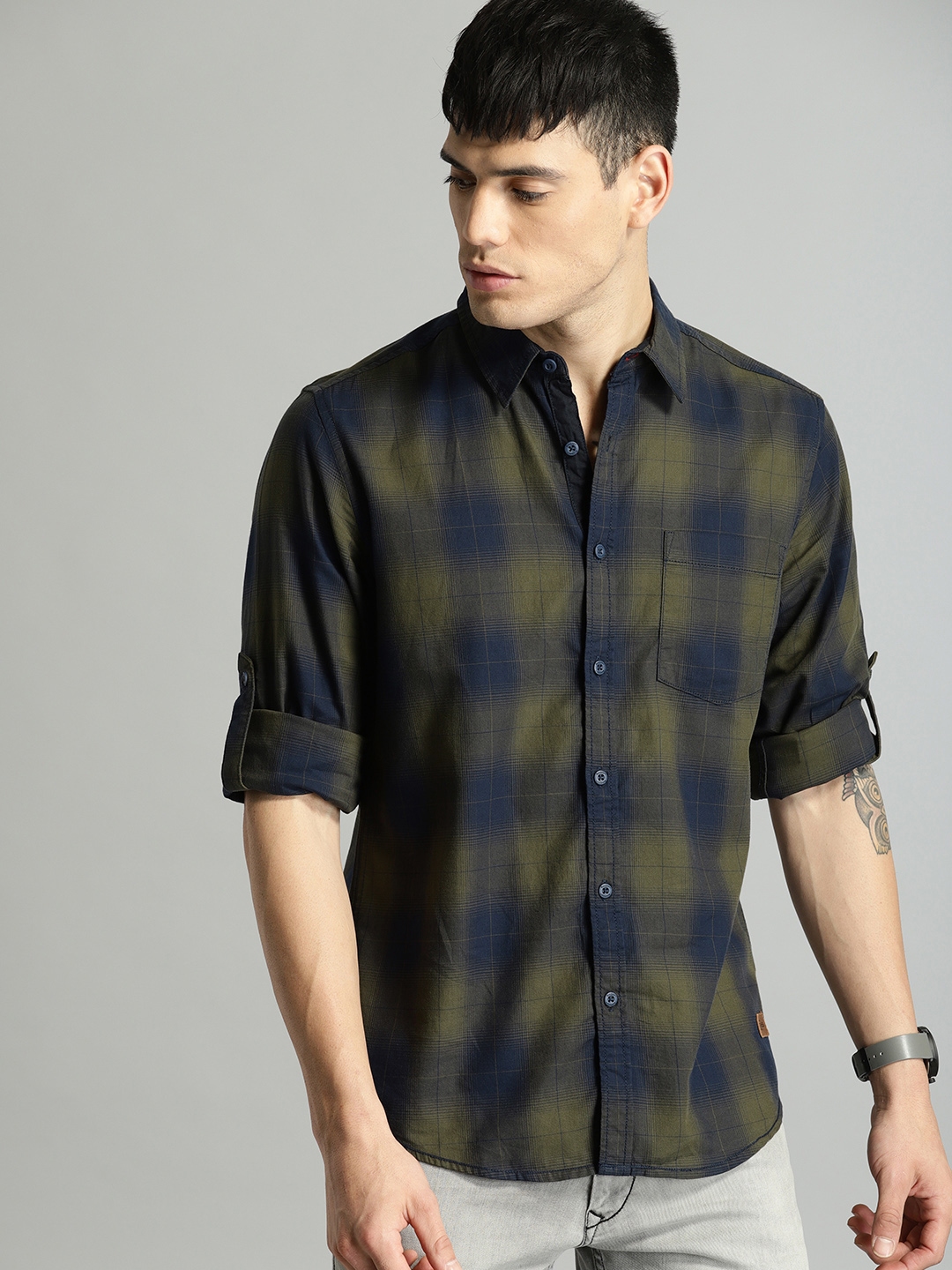 Buy Roadster Men Navy Blue And Olive Green Regular Fit Checked Casual Shirt Shirts For Men 