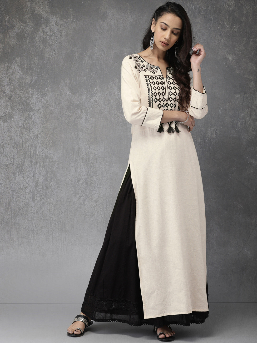 Buy Anouk Women Cream Coloured Embroidered Straight Kurta Kurtas for