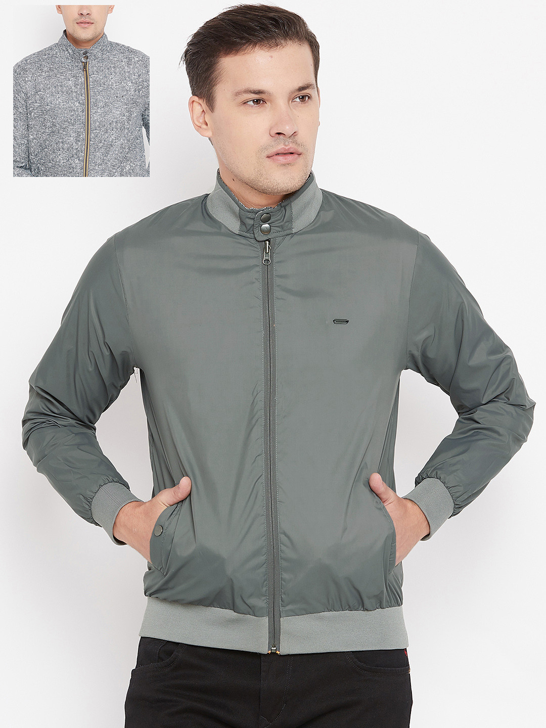 Buy Peter England Men Grey Solid Reversible Bomber Jacket Jackets for