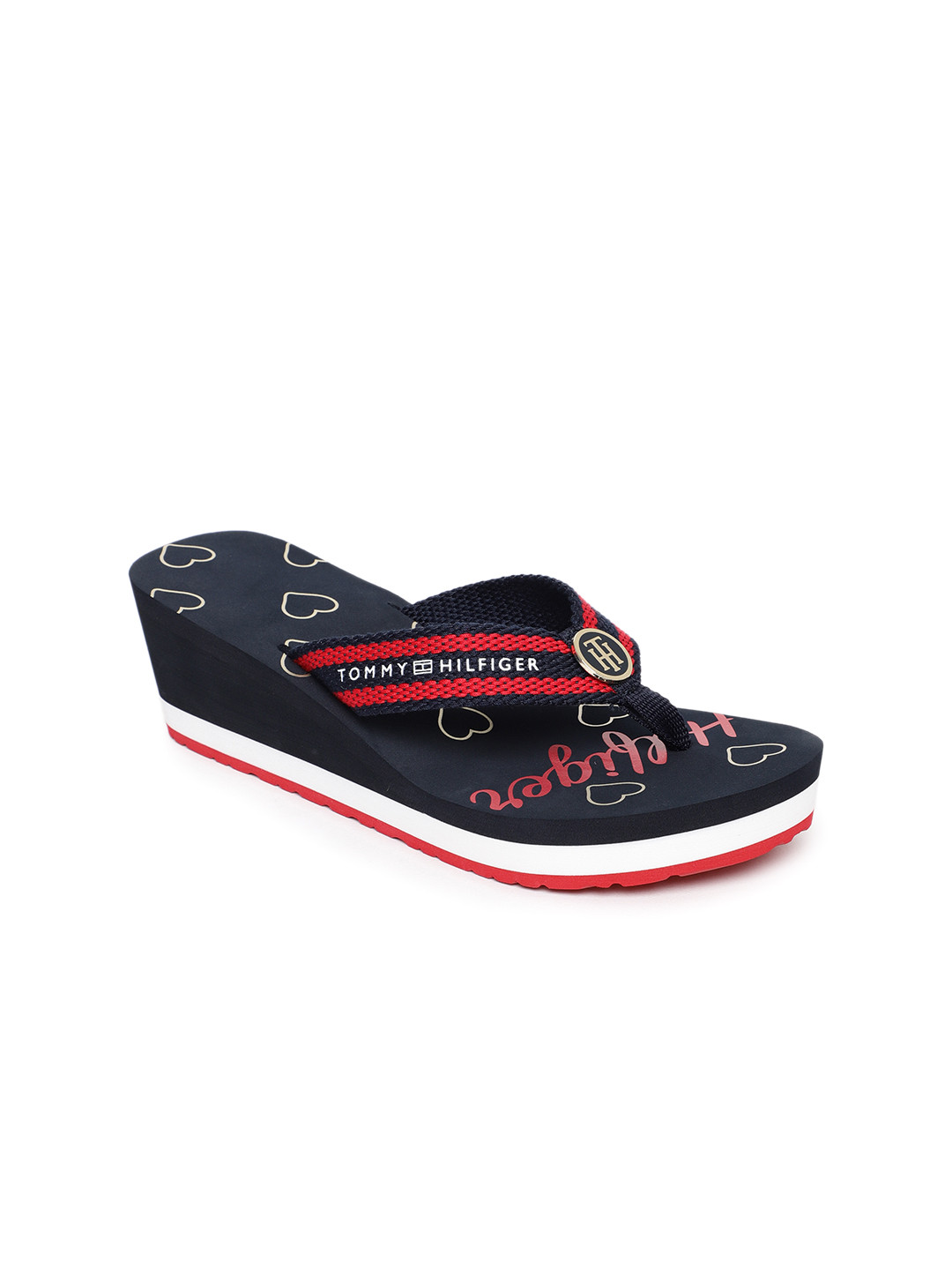 Buy Tommy Hilfiger Women Navy Blue & Red Self Design Heeled Thong Flip Flops - Flip Flops for 