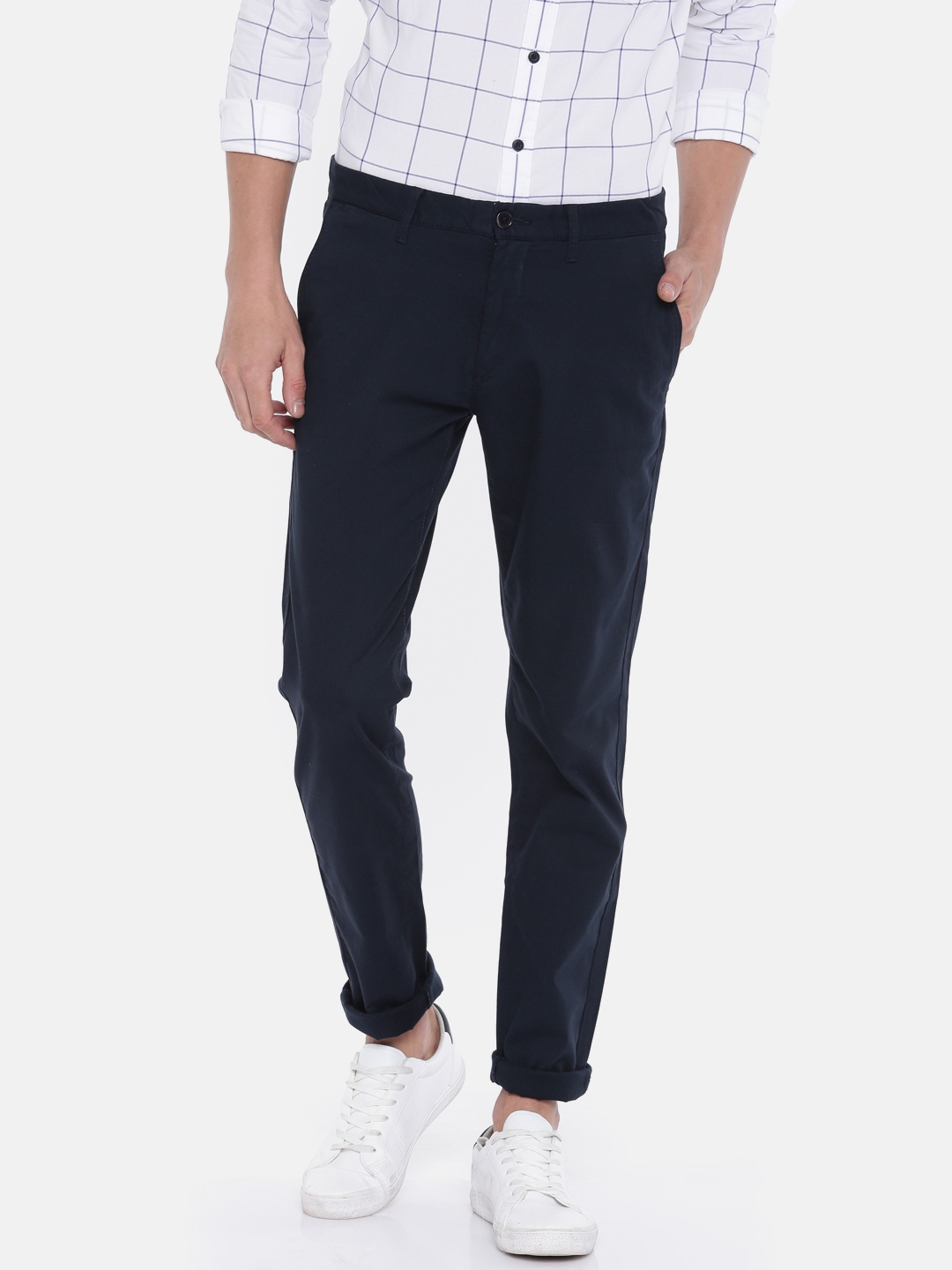 Buy U.S. Polo Assn. Men Navy Blue Slim Fit Solid Regular Trousers ...