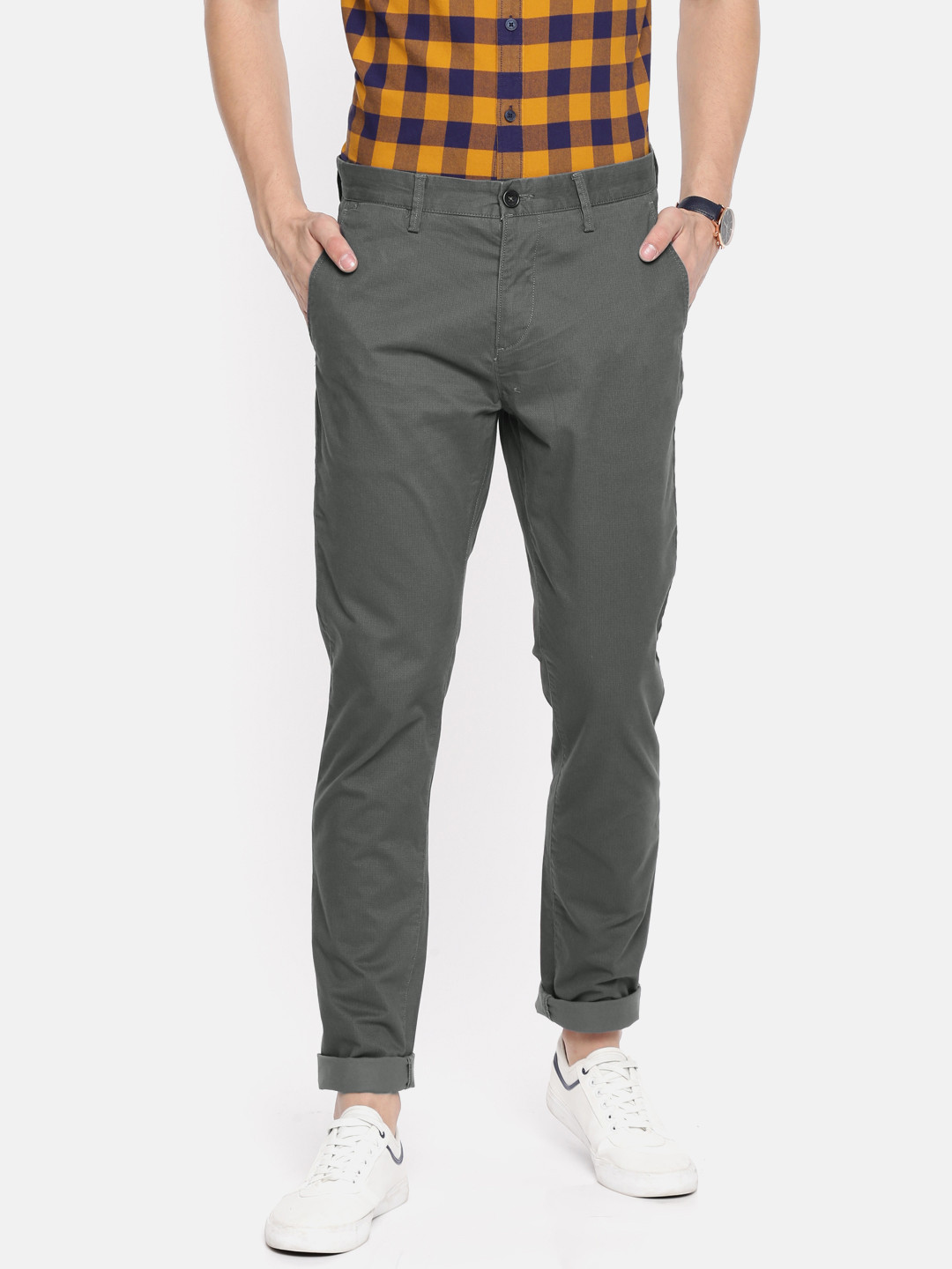 Buy U.S. Polo Assn. Men Grey Slim Fit Printed Regular Trousers ...