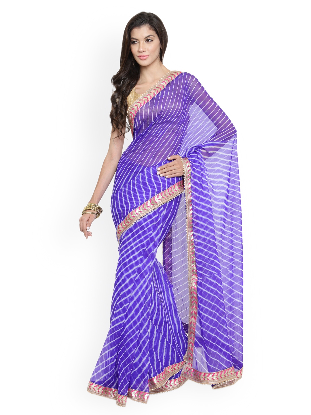 Buy Geroo Jaipur Blue Poly Chiffon Dyed Leheriya Saree - Sarees for ...