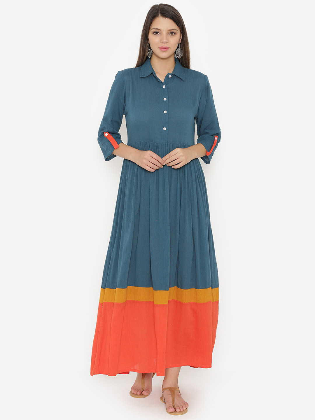 Buy Alom Women Blue & Orange Colourblocked Fit & Flare Dress Dresses