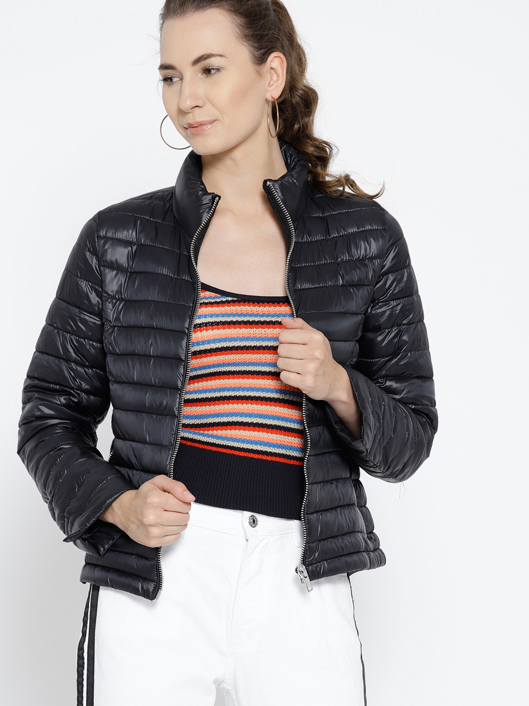 Buy MANGO Women Navy Blue Solid Quilted Jacket Jackets for Women