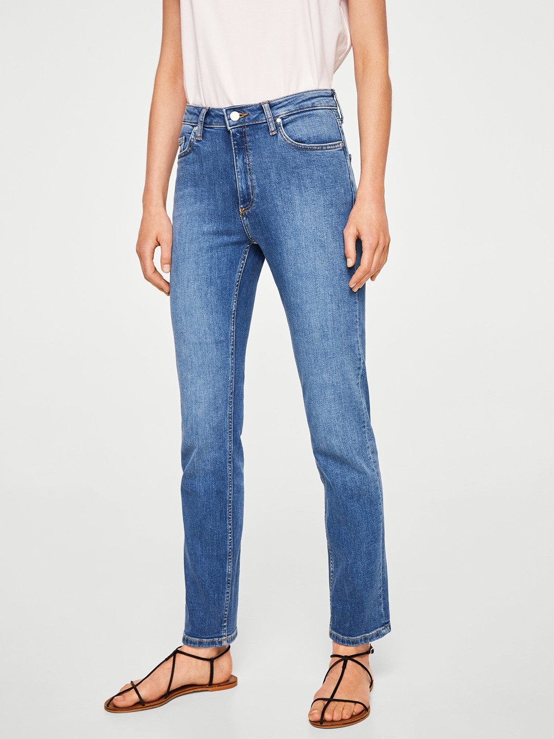 Buy MANGO Women Blue Straight Fit Mid Rise Clean Look Stretchable Jeans