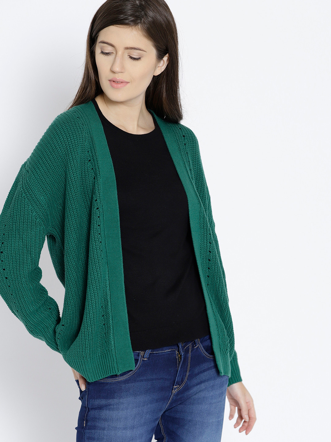 Buy MANGO Women Green Ribbed Front Open Sweater Sweaters for Women