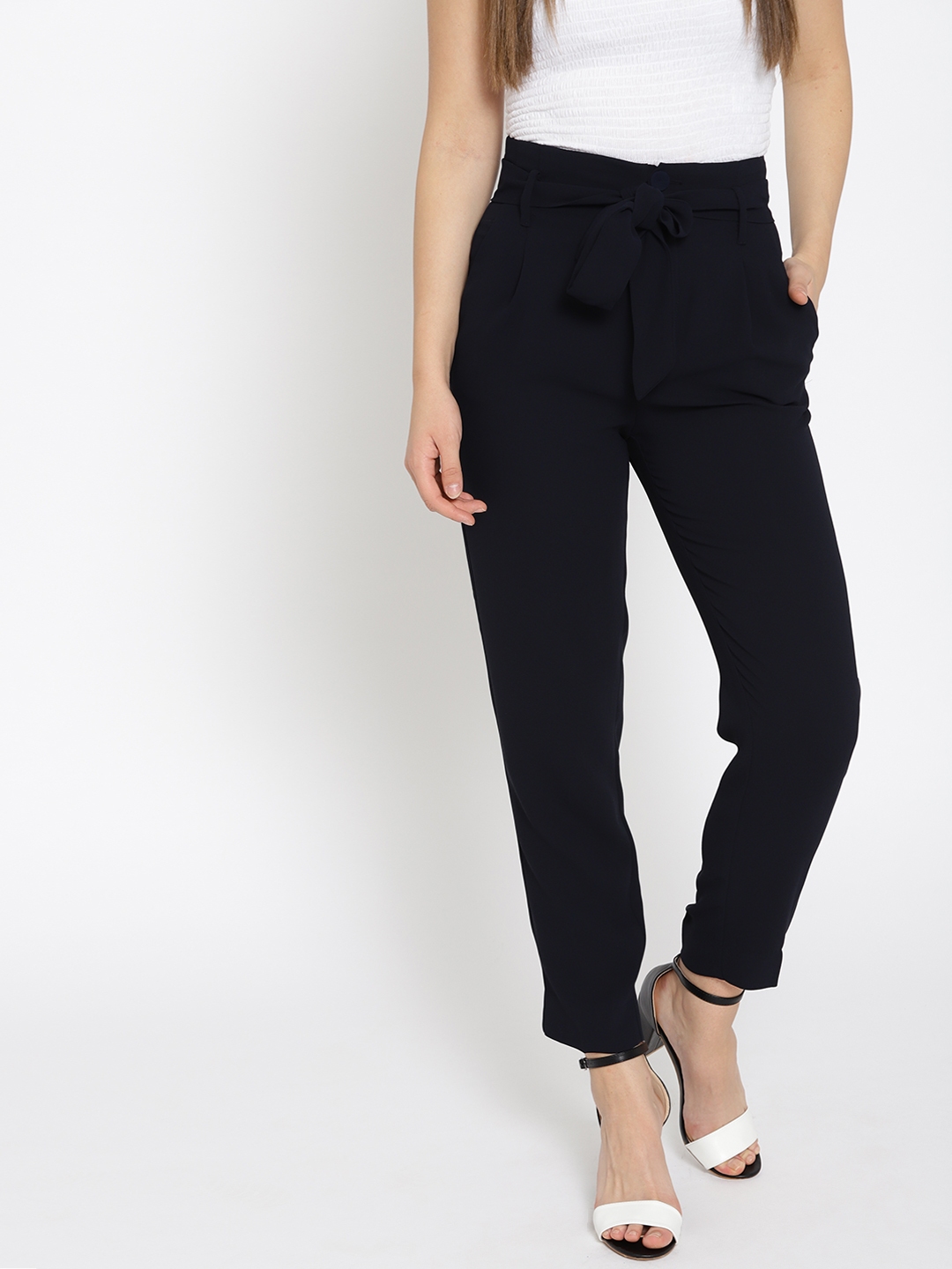 Buy MANGO Women Navy Blue Solid Regular Trousers - Trousers for Women ...