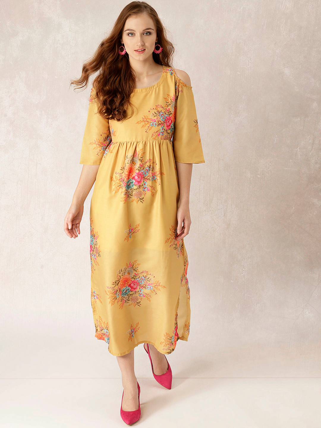 Buy Libas Women Mustard Yellow Printed Cold Shoulder Maxi Dress - Dresses for Women 7164930 | Myntra