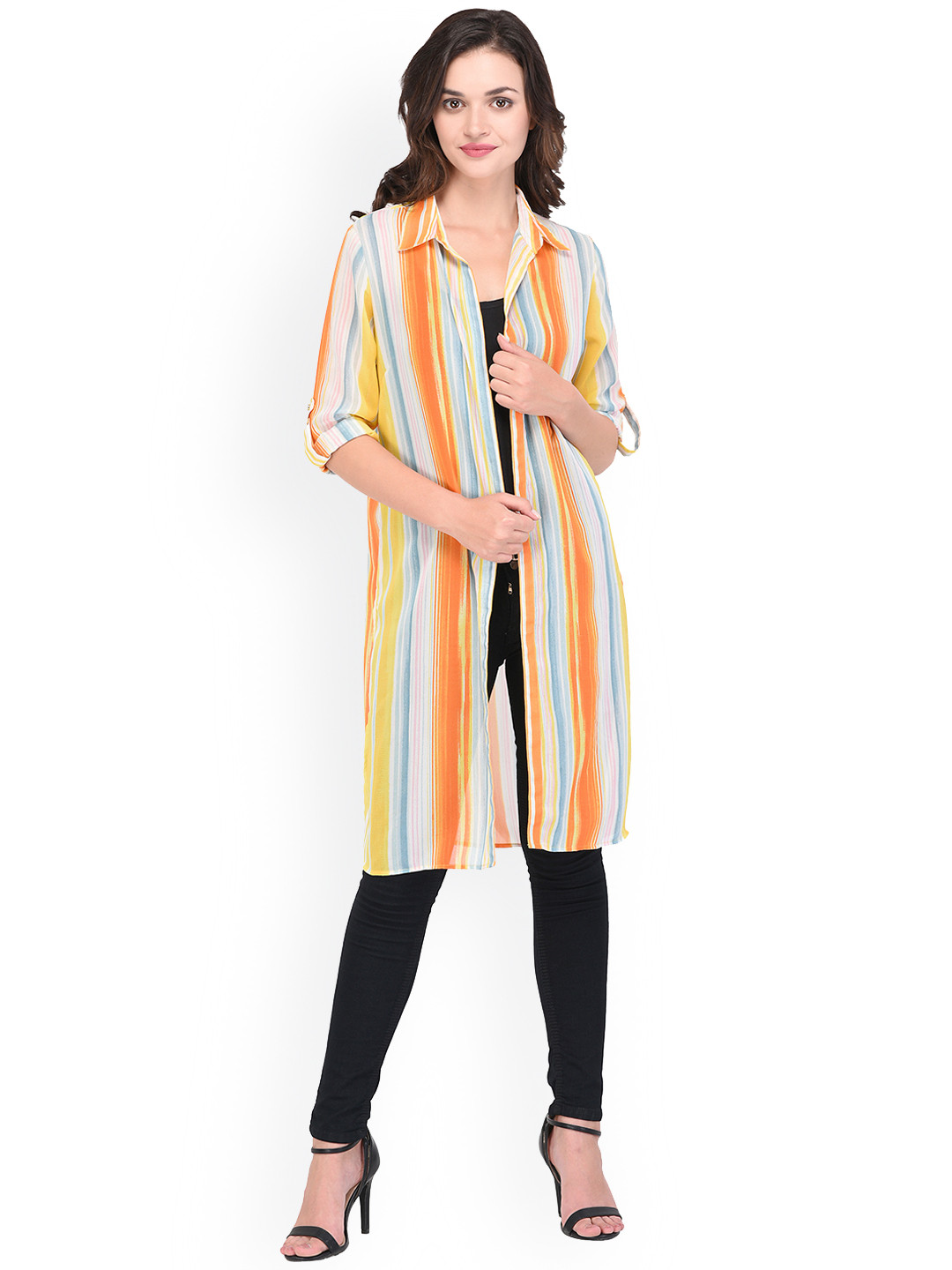 Buy PURYS White & Orange Printed Open Front Shrug Shrug for Women 7166115 Myntra